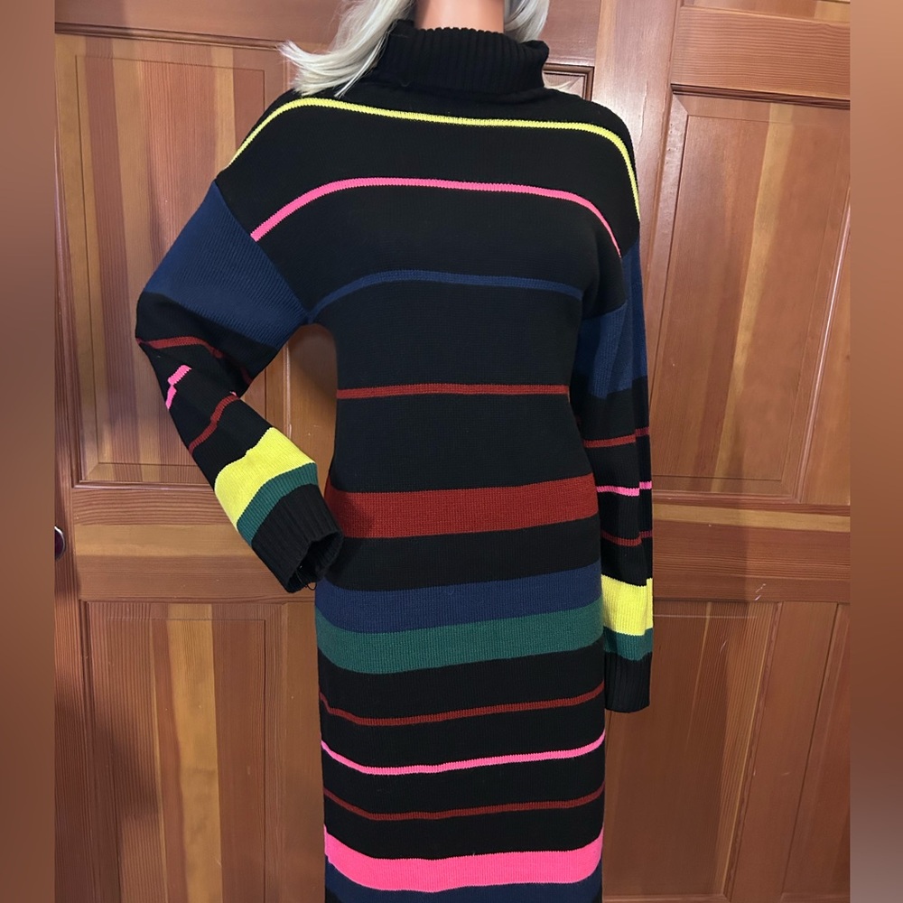 Striped Pattern Colorblock Sweater Dress. - Picture 3 of 16